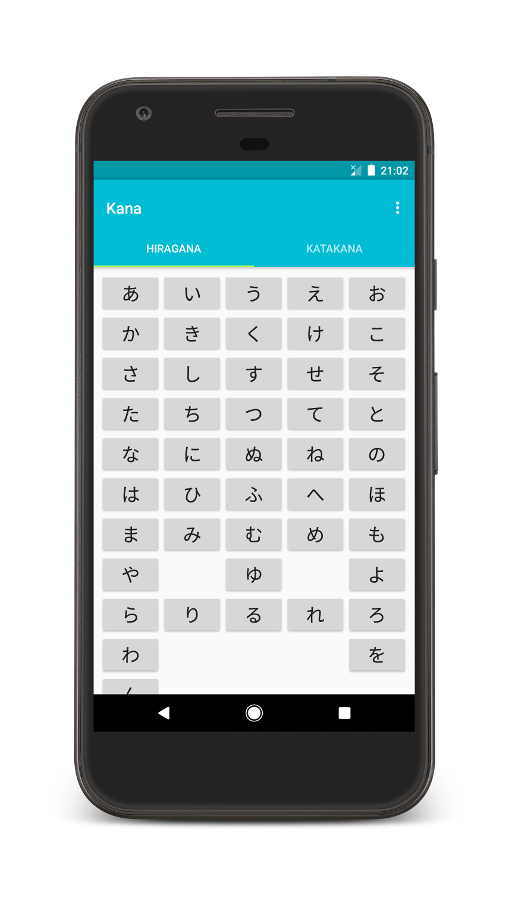 Kana app screenshot showing a table of hiragana